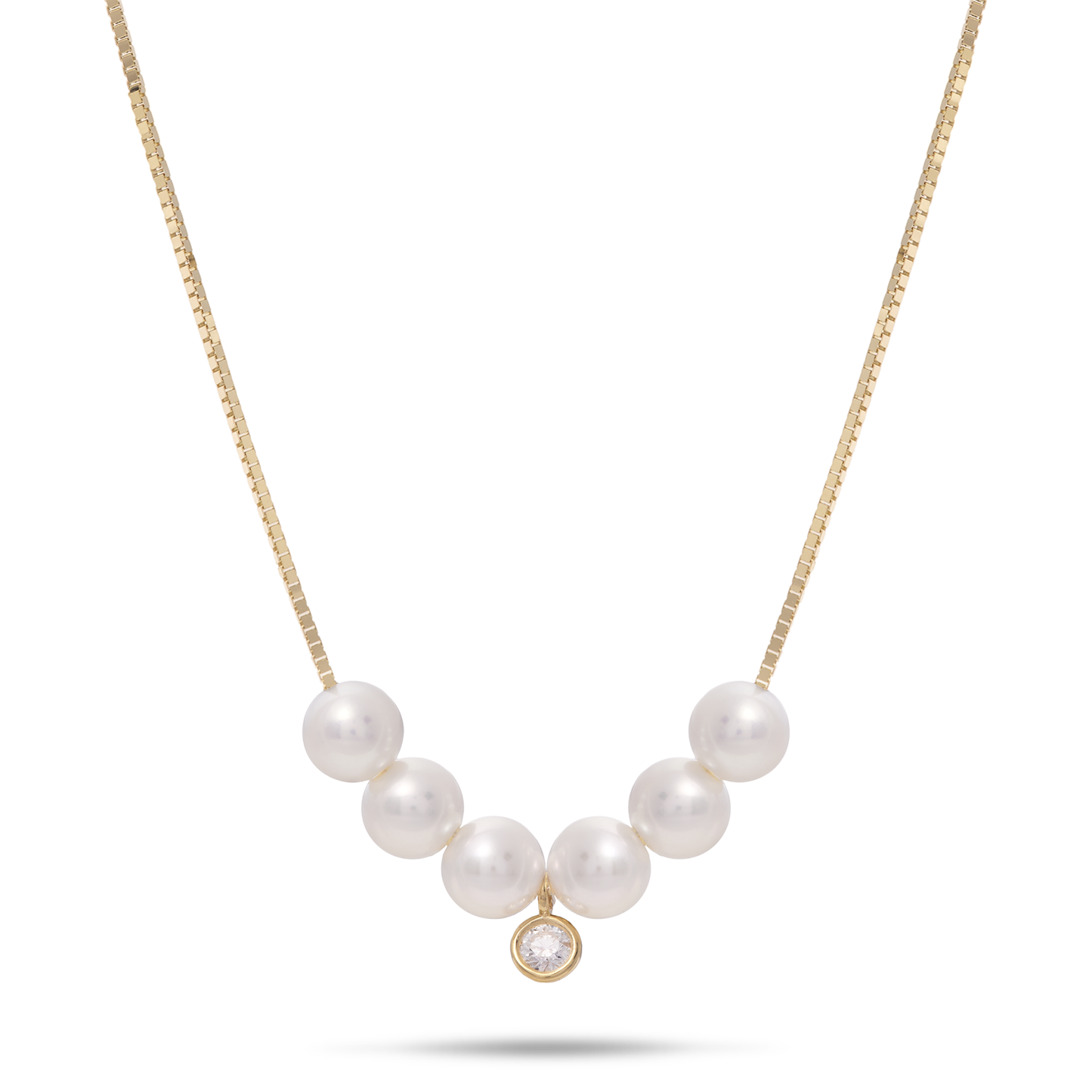 16-18" Adjustable Akoya White Pearl Necklace in Gold with Diamond - 4.5-5mm