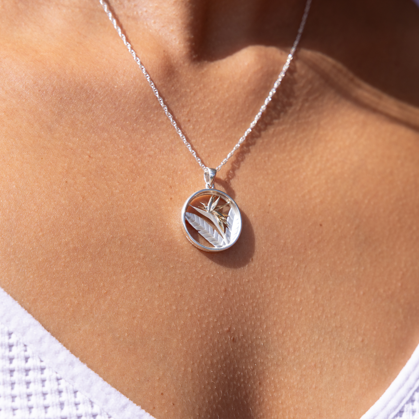 Birds of Paradise Pendant / Necklace in Sterling Silver & Gold - 22mm