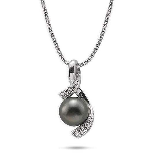 18" Tahitian Black Pearl Pendant Necklace in White Gold with Diamonds - 10-11mm
