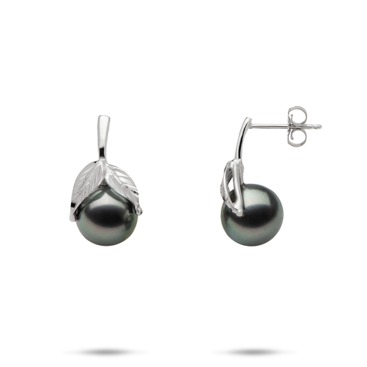 Maile Tahitian Black Pearl Earrings in White Gold - 9-10mm