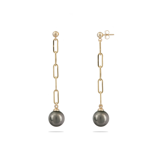 Tahitian Black Pearl Paperclip Chain Earrings in Gold - 10-11mm