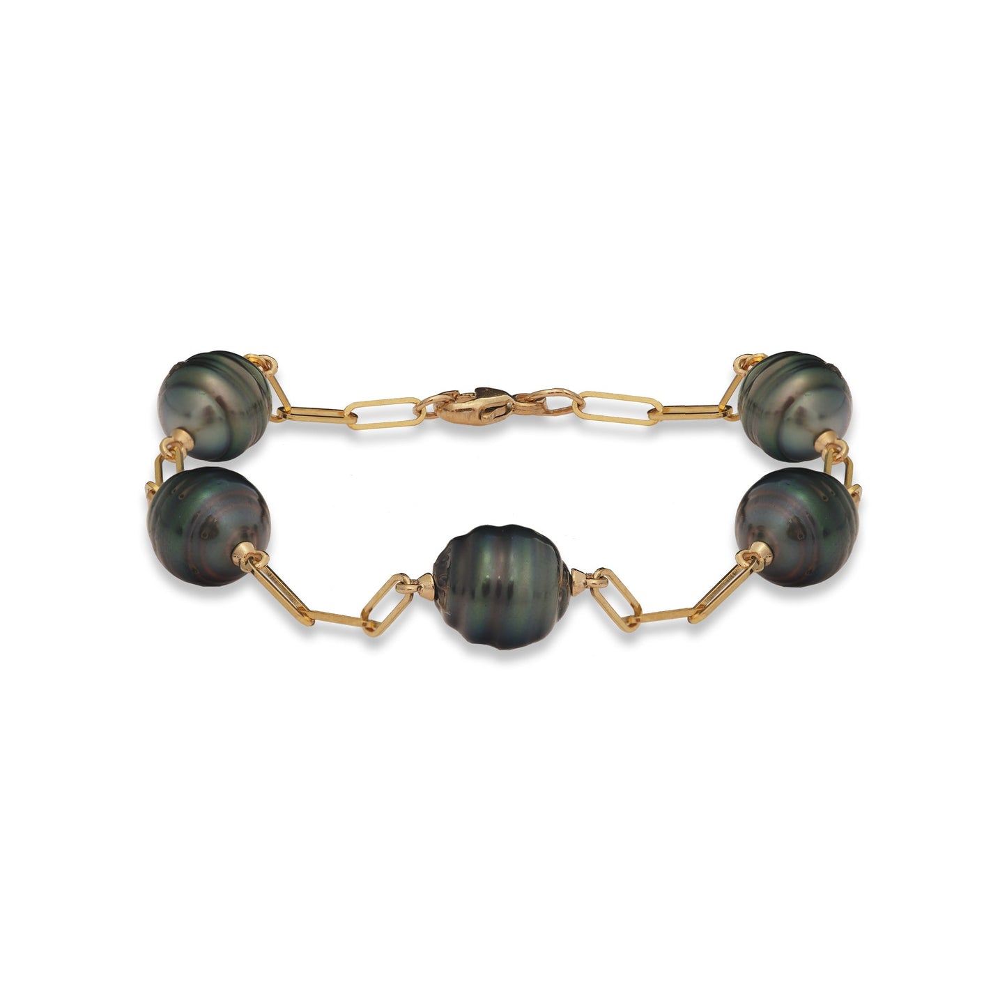 7.5-8" Paperclip Chain Tahitian Black Pearl Bracelet in Gold - 9-10mm
