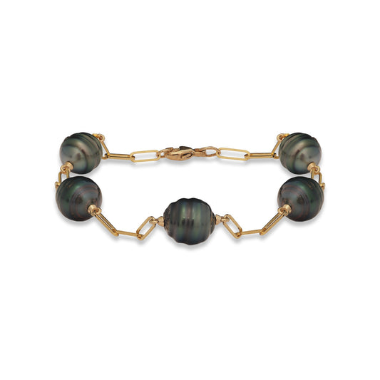 7.5-8" Paperclip Chain Tahitian Black Pearl Bracelet in Gold - 9-10mm