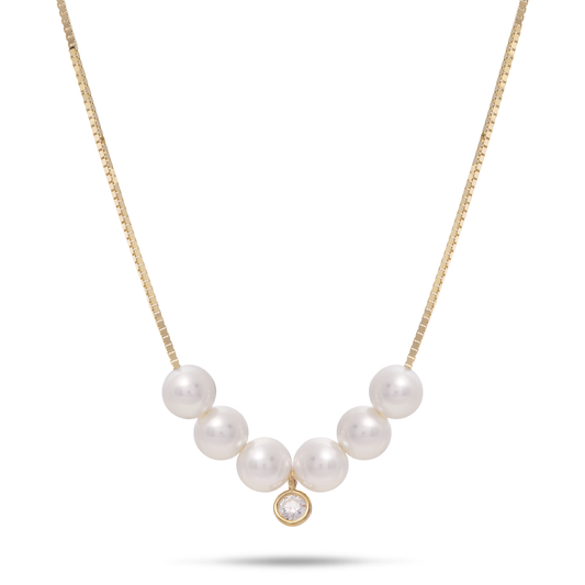 16-18" Adjustable Akoya White Pearl Necklace in Gold with Diamond - 4.5-5mm
