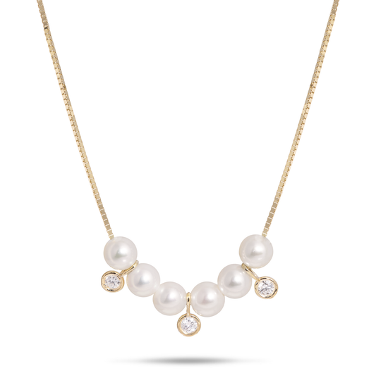 16-18" Adjustable Akoya White Pearl Necklace in Gold with Diamonds - 4.5-5mm