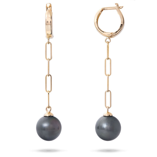 Tahitian Black Pearl Paperclip Chain Earrings in Gold - 9-11mm