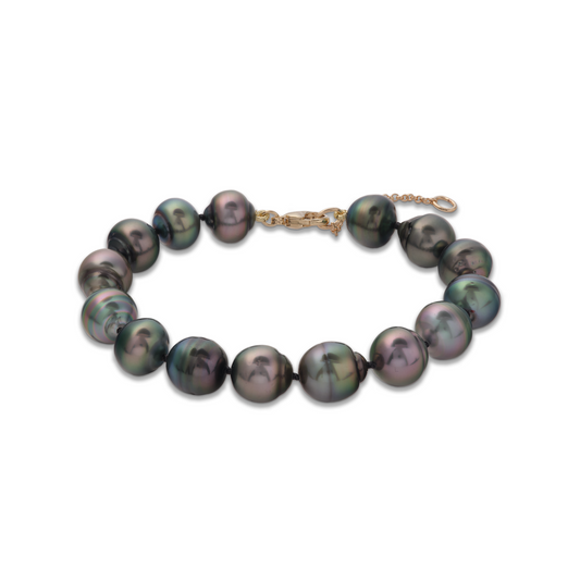 7.5-9" Adjustable Tahitian Black Pearl Bracelet in Gold - 10-12mm