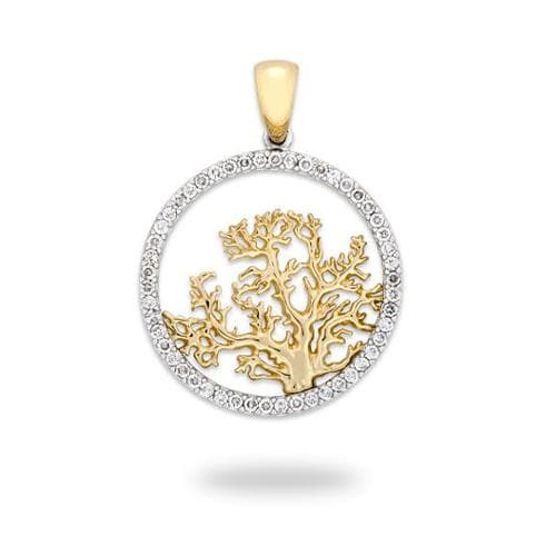 Coral Tree Pendant with Diamonds in Two Tone Gold - 24mm