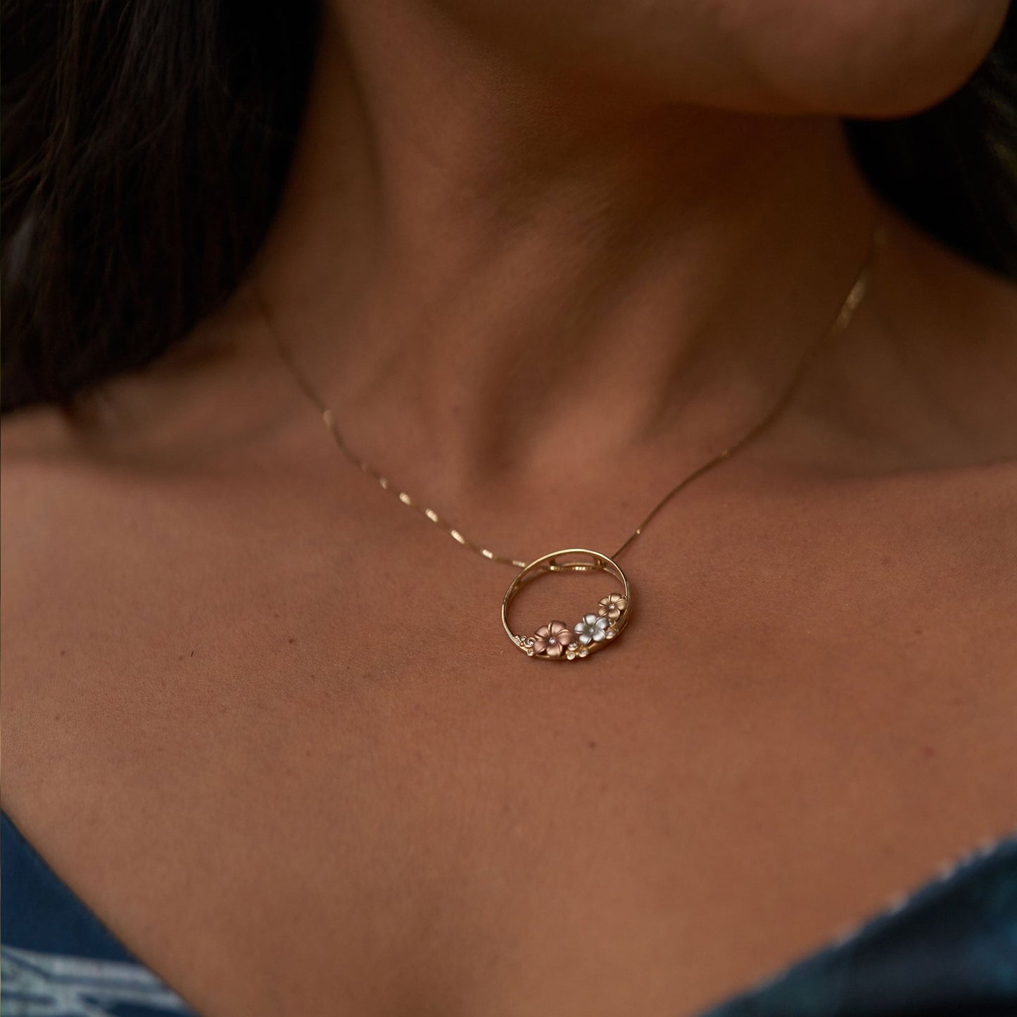 Plumeria Necklace in Tri Color Gold with Diamonds - 22mm