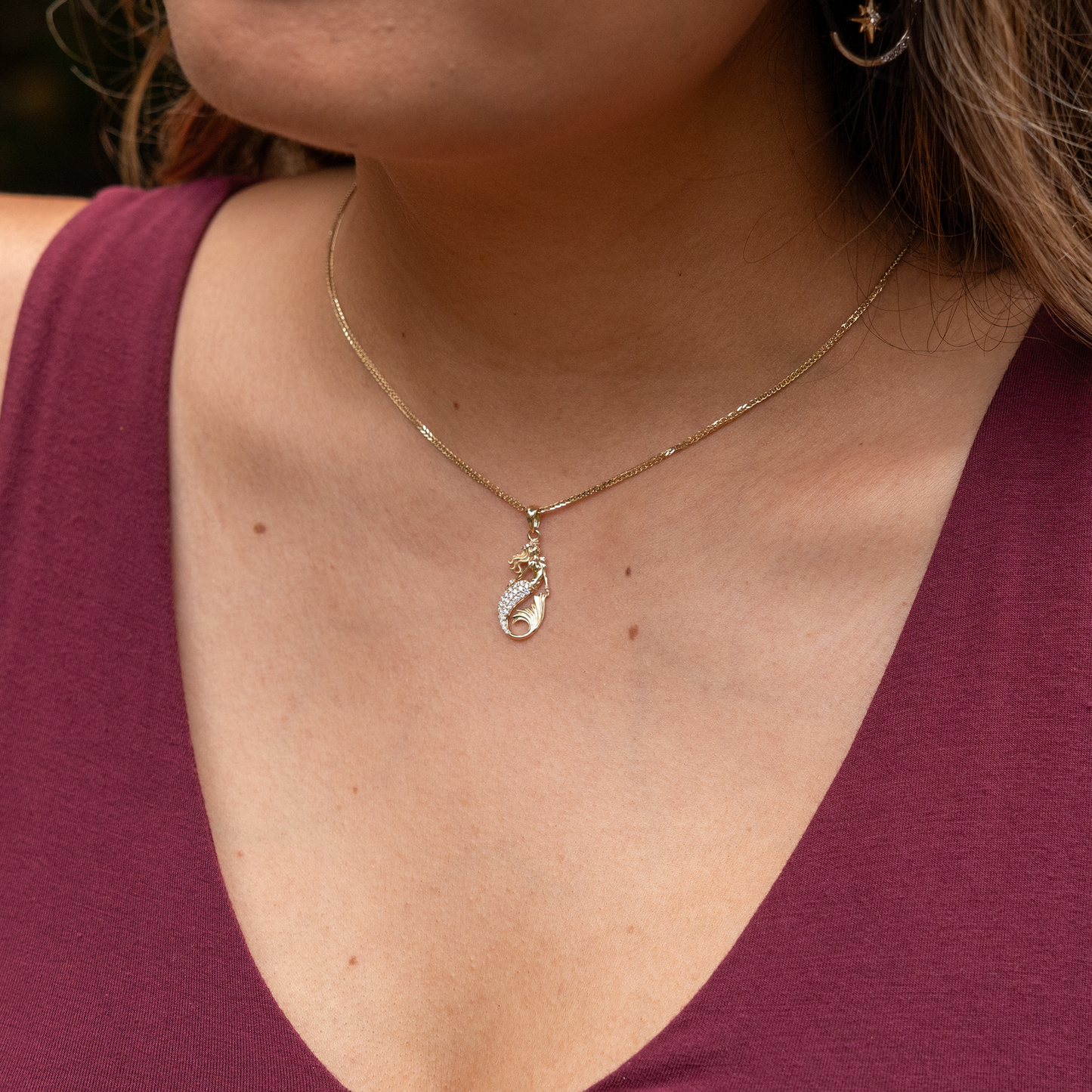 Sealife Mermaid Pendant in Gold with Diamonds - 24mm