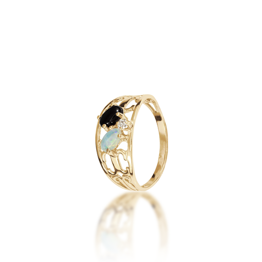 Black Coral Ring in Gold with Opal and Diamond