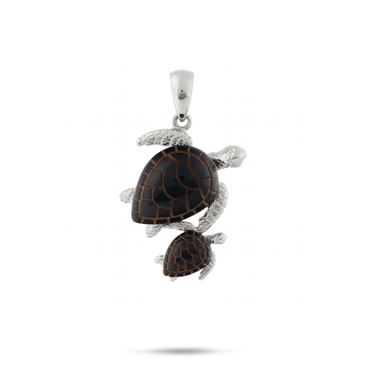Honu Black Coral Pendant in White Gold - 24mm