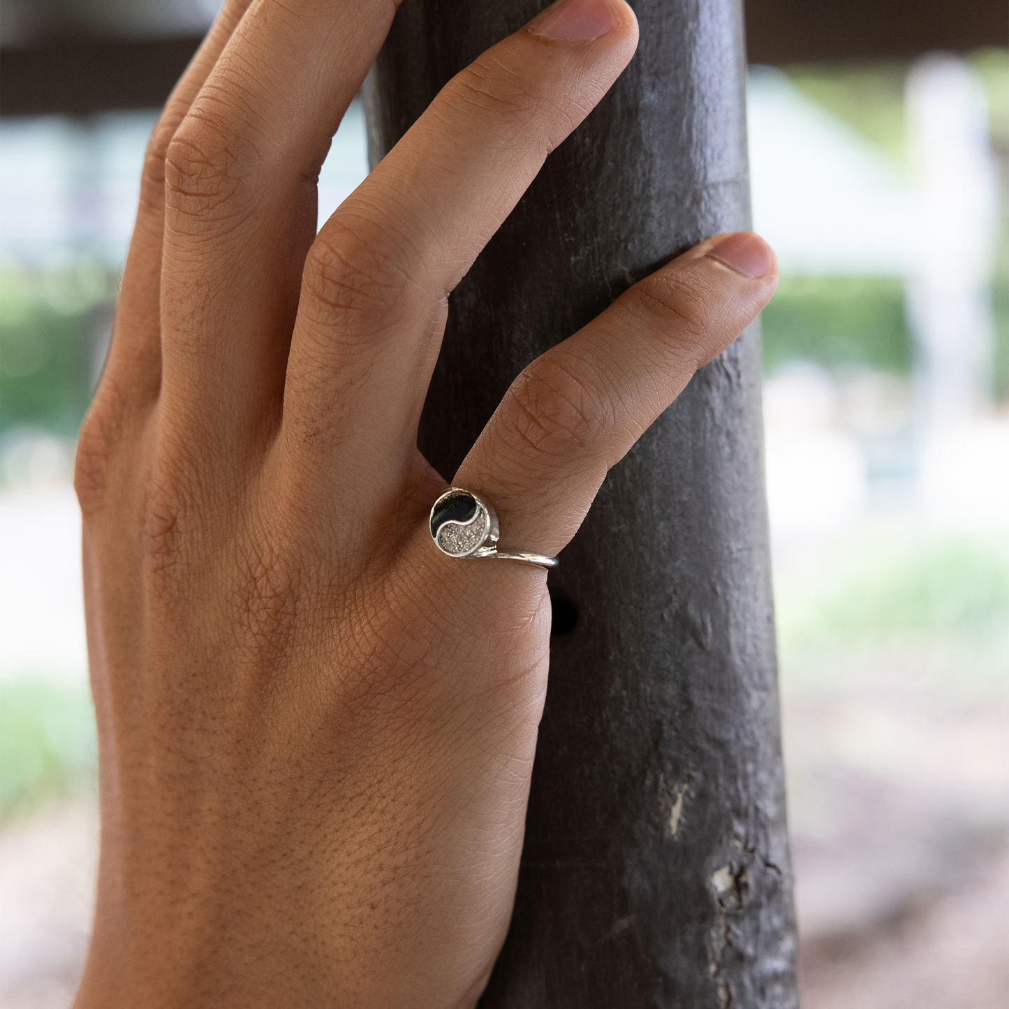 Yin Yang Black Coral Ring in White Gold with Diamonds - 7.5mm
