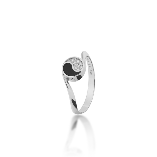 Yin Yang Black Coral Ring in White Gold with Diamonds - 7.5mm