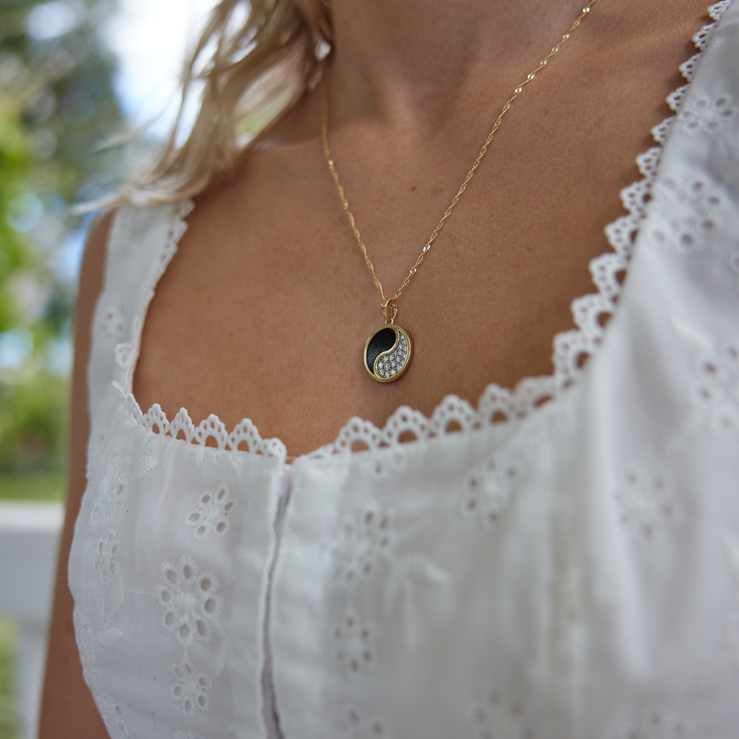 Yin Yang Black Coral Pendant in Gold with Diamonds - 18mm