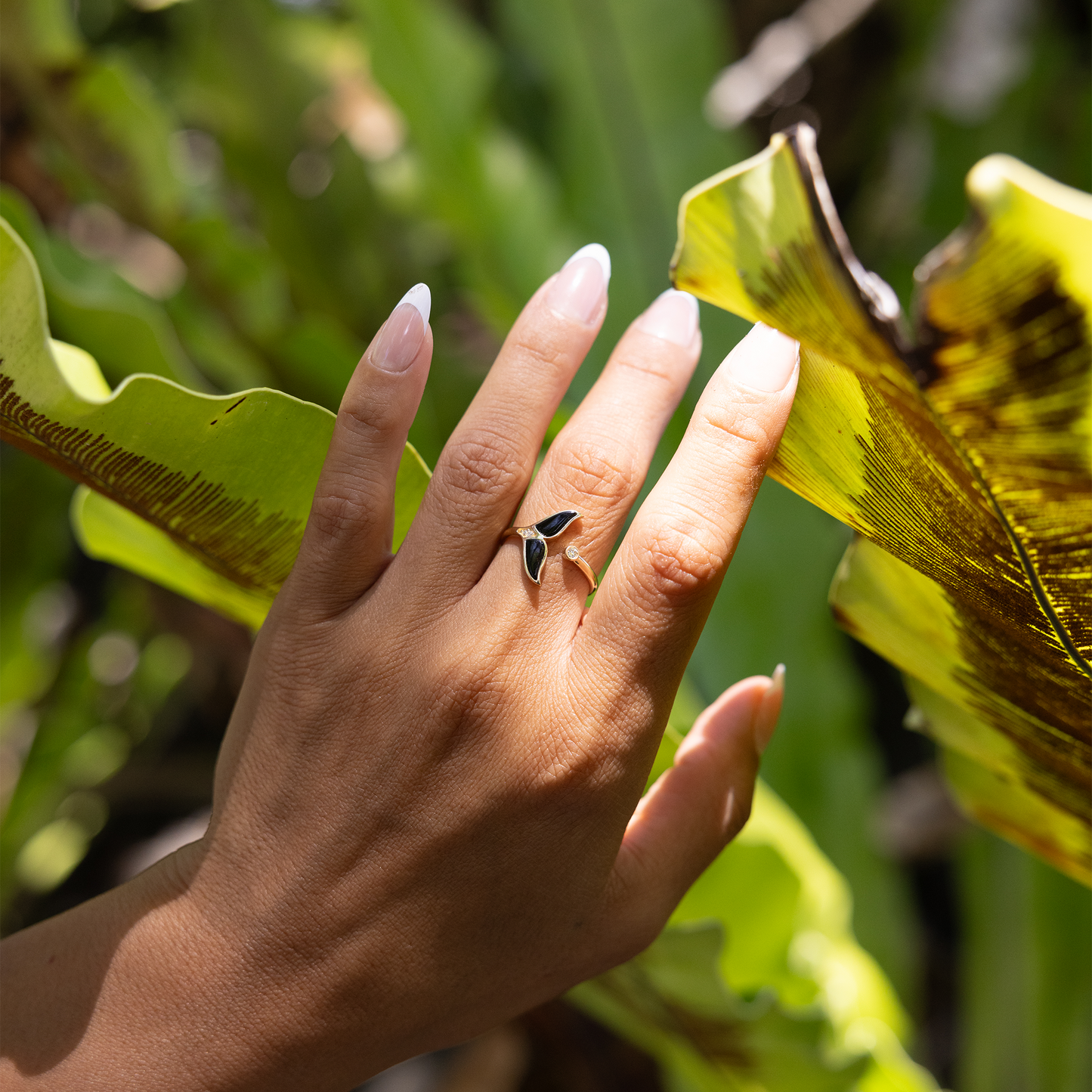 Sealife Whale Tail Black Coral Ring in Gold with Diamonds - 15mm