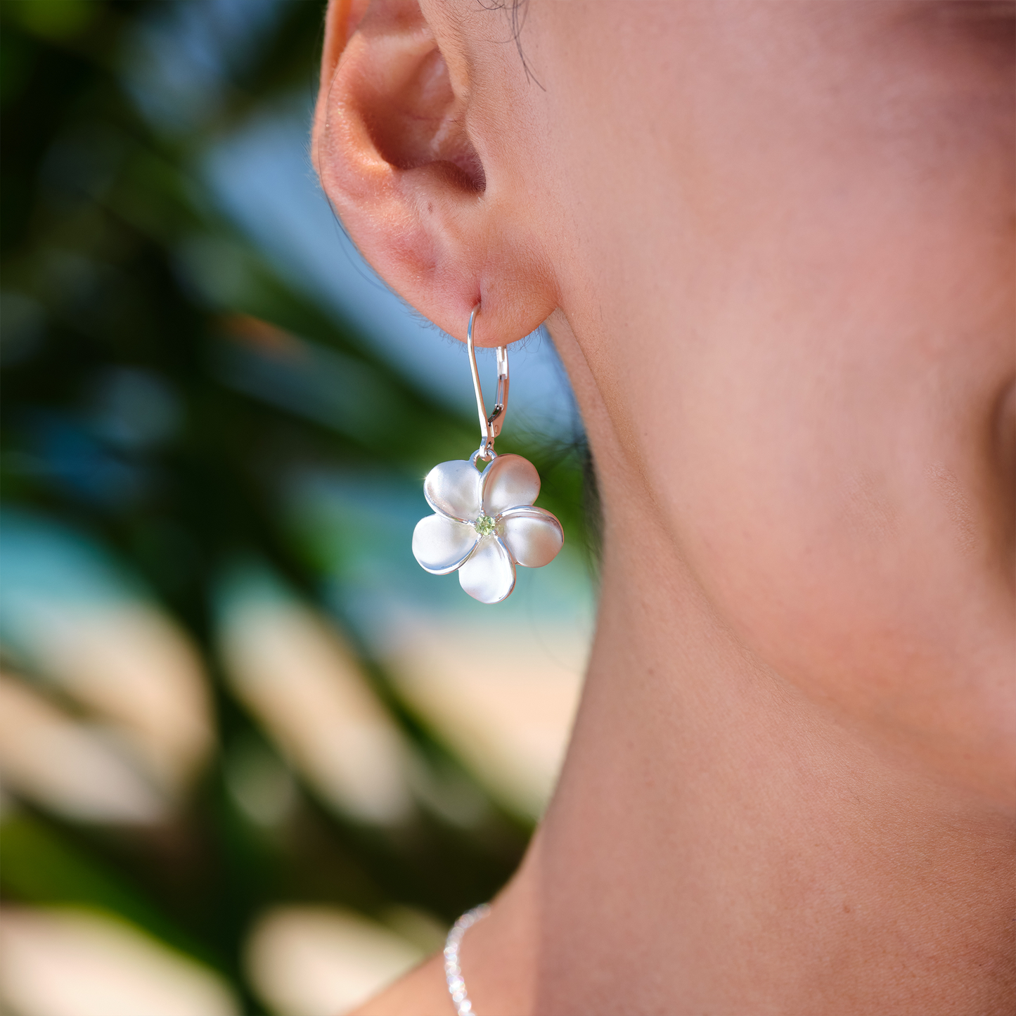 Plumeria Peridot Earrings in Sterling Silver - 17mm