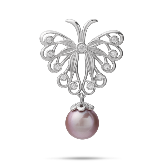 Pulelehua (Butterfly) Freshwater Pearl Pendant in Sterling Silver with Cubic Zirconia - 24mm