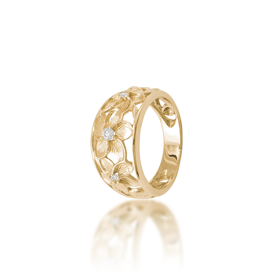 Hawaiian Heirloom Plumeria Ring in Gold with Diamonds - 11mm