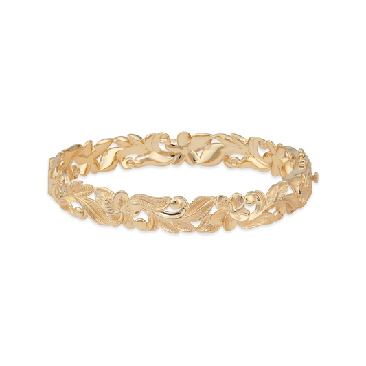 Hawaiian Heirloom Plumeria Hinge Bracelet in Gold - 10mm
