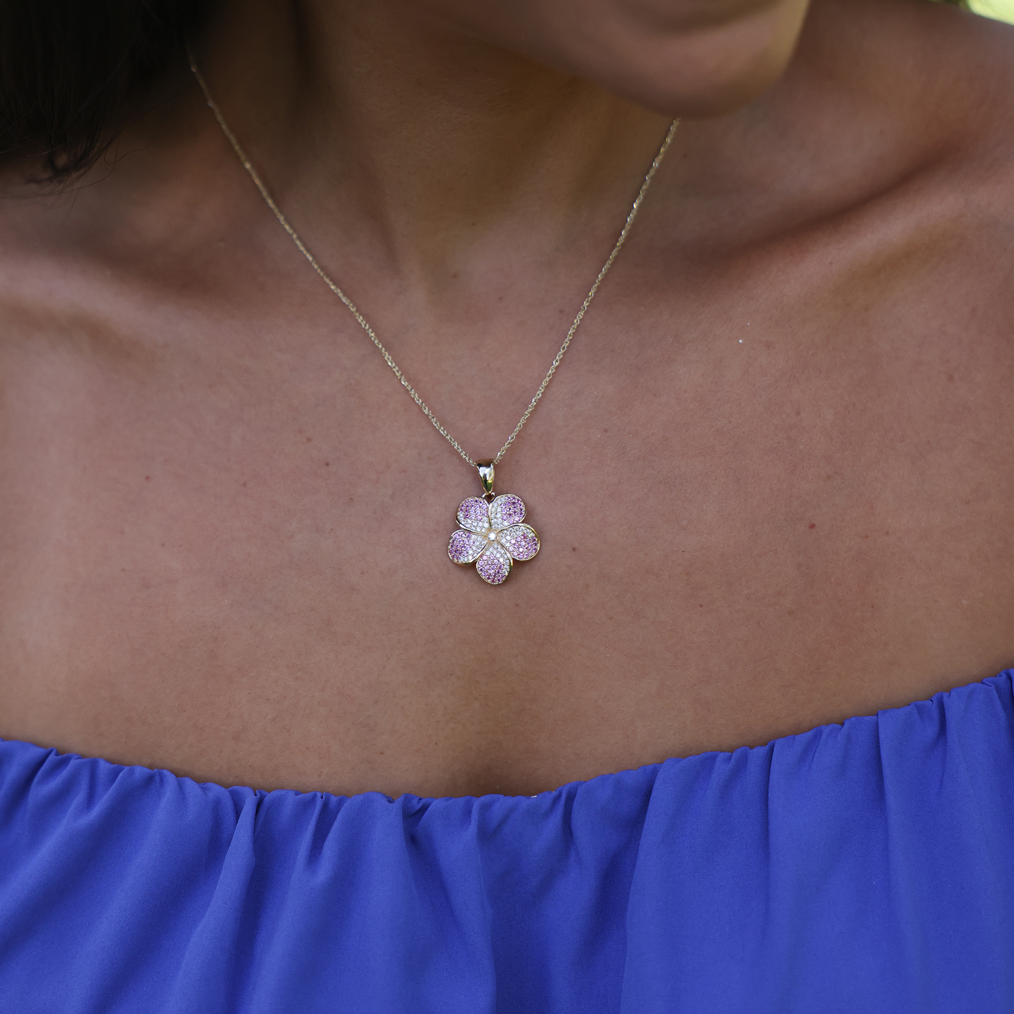 Plumeria Pink Sapphire Pendant in Gold with Diamonds - 20mm