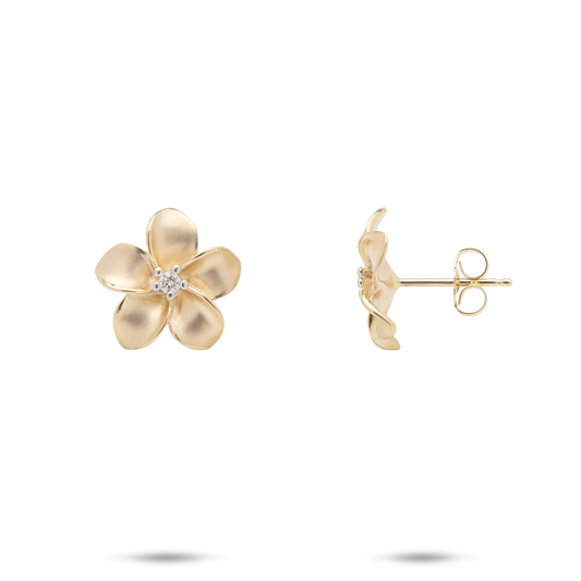 Plumeria Earrings in Gold with Diamonds - 13mm