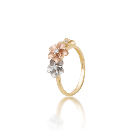 Plumeria Ring in Tri Color Gold with Diamonds - 8mm