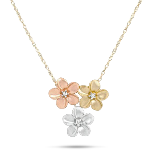 16" Plumeria Necklace in Tri Color Gold with Diamonds - 11mm