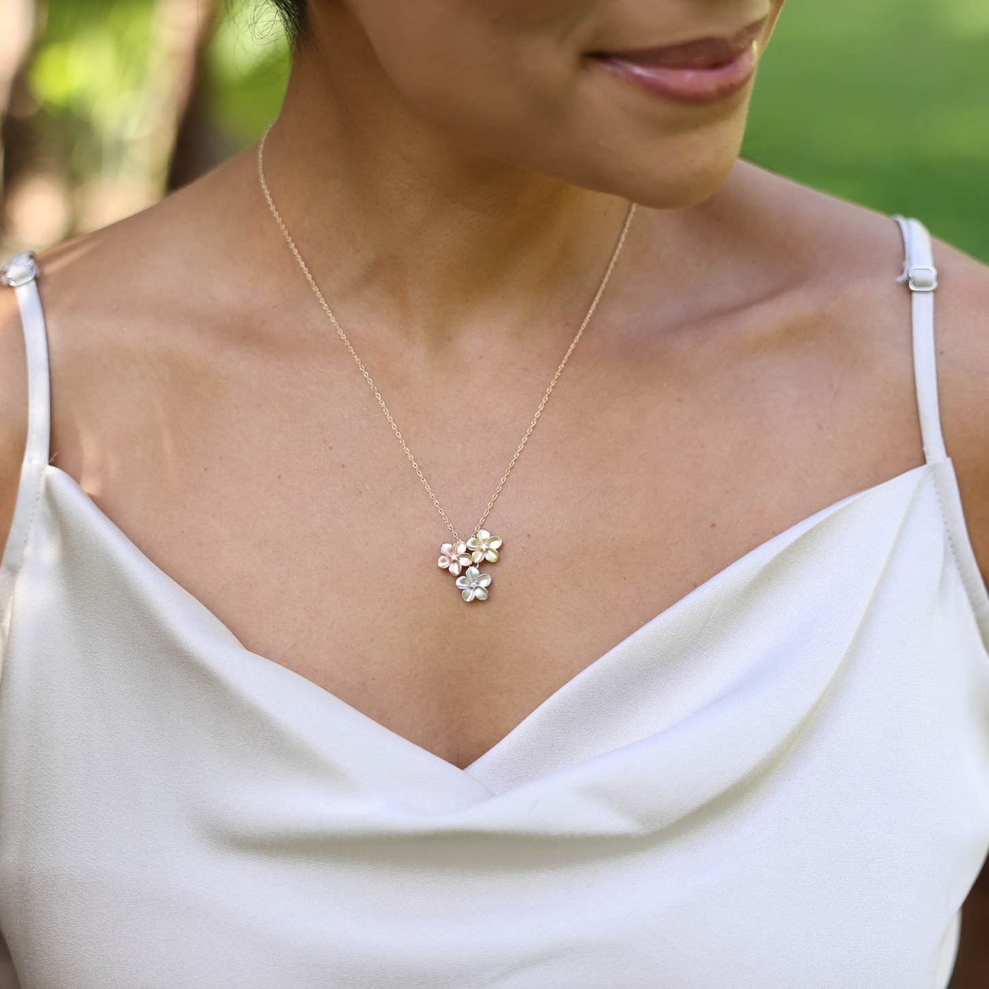 16" Plumeria Necklace in Tri Color Gold with Diamonds - 11mm