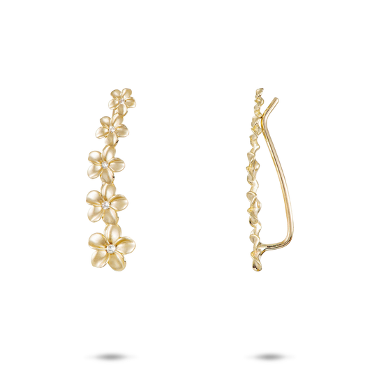 Plumeria Climber Earrings in Gold with Diamonds - 26mm
