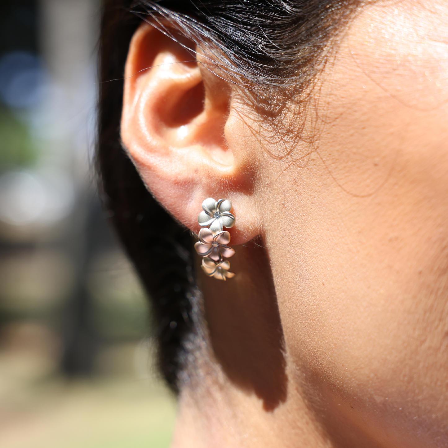 Plumeria Earrings in Tri Color Gold with Diamonds
