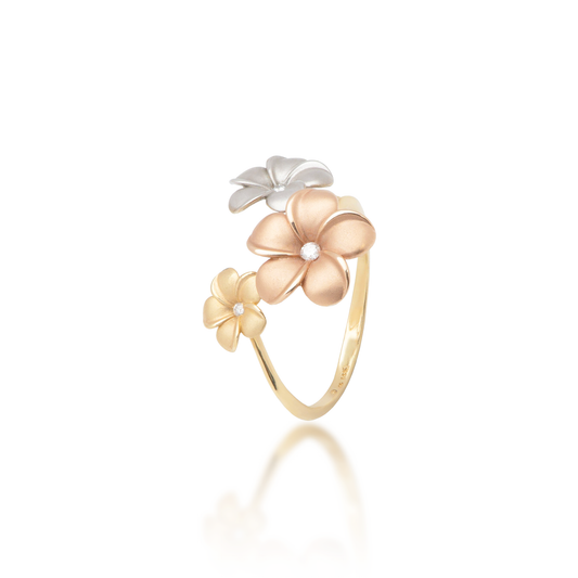 Plumeria Ring in Tri Color Gold with Diamonds - 12mm
