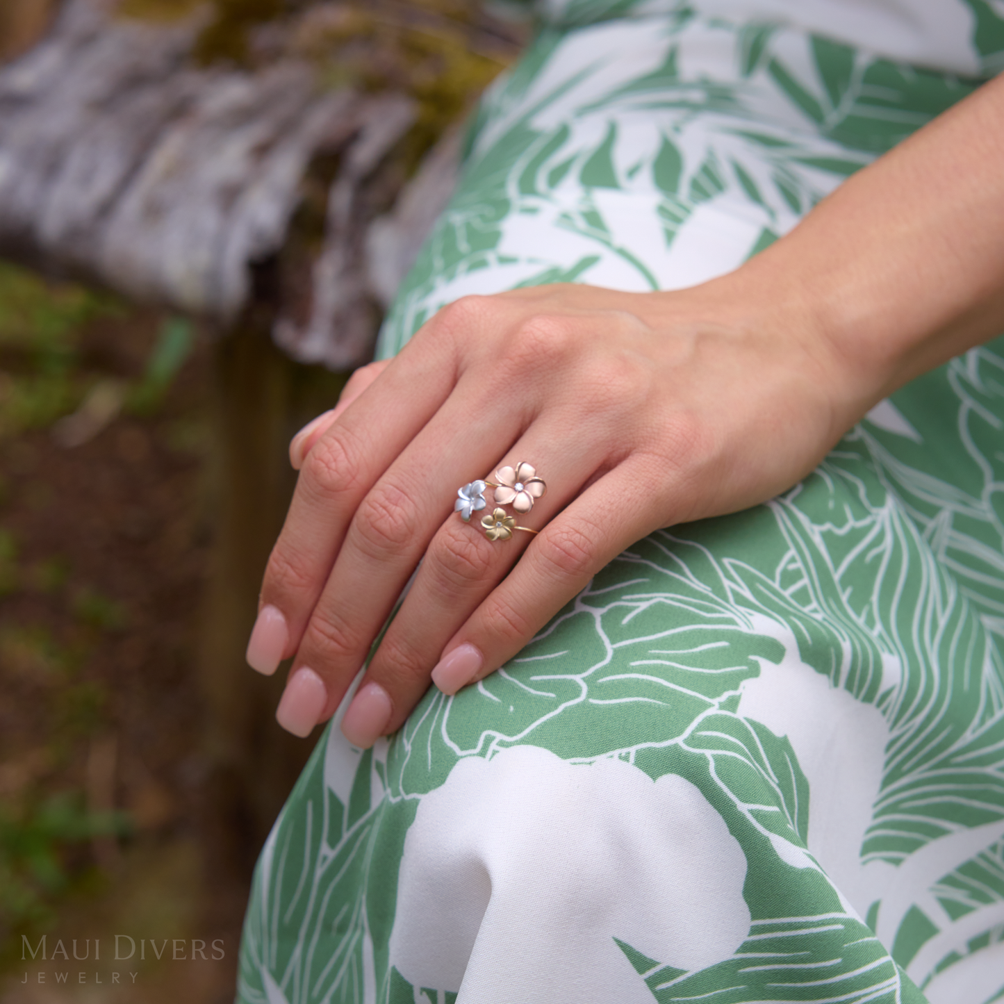 Plumeria Ring in Tri Color Gold with Diamonds - 12mm