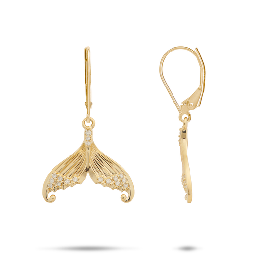 Moon & Star Mermaid Tail Earrings in Gold with Diamonds - 31mm