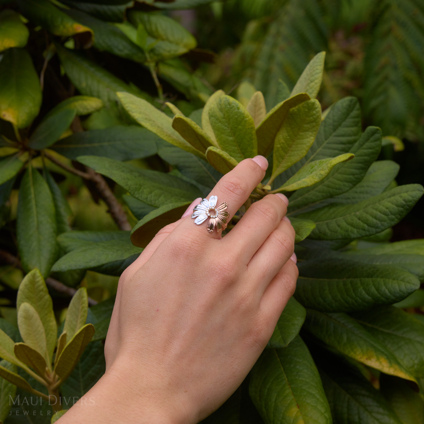 Beach & Mountain Naupaka Ring in Tri Color Gold with Diamonds