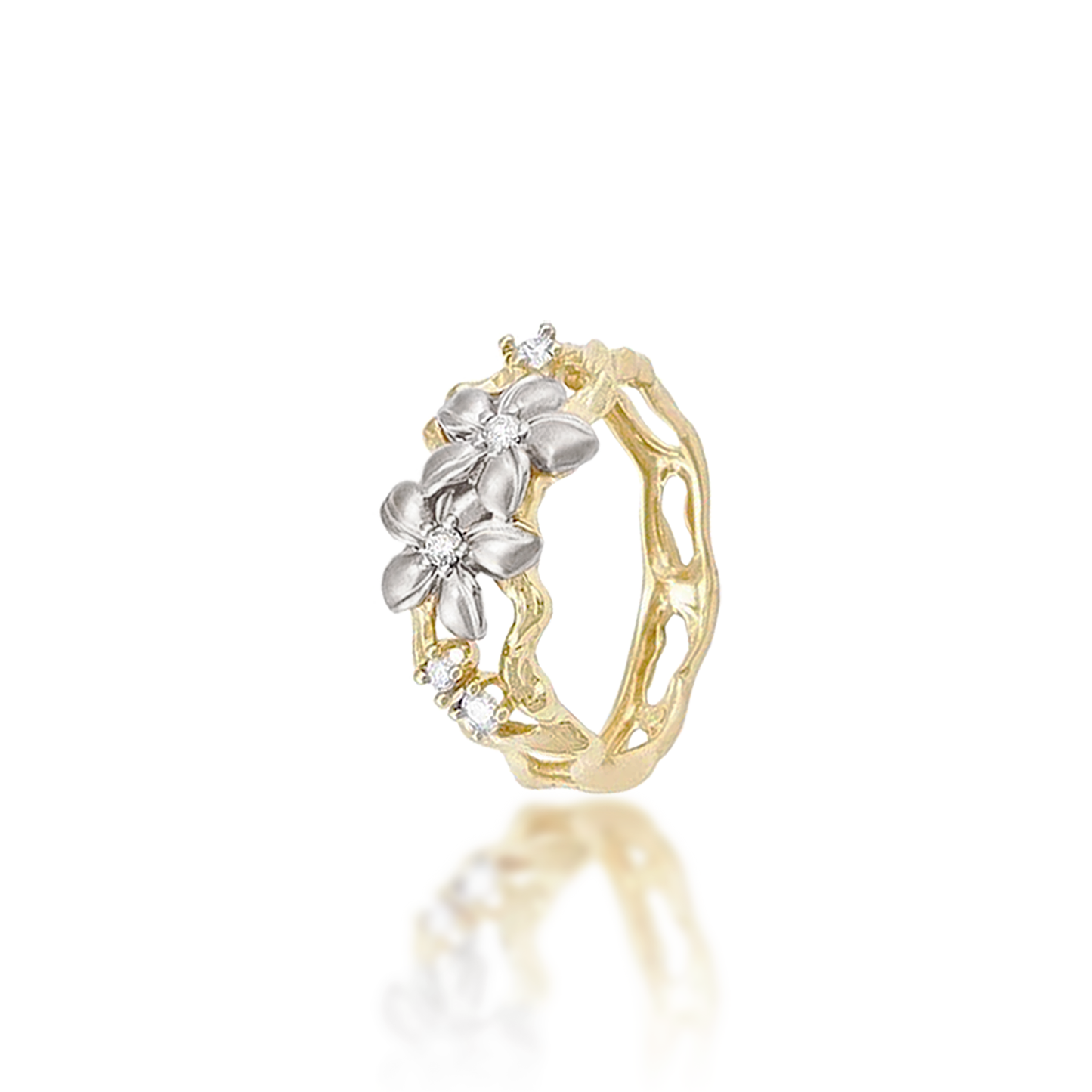 Plumeria Ring in Two Tone Gold with Diamonds - 10mm