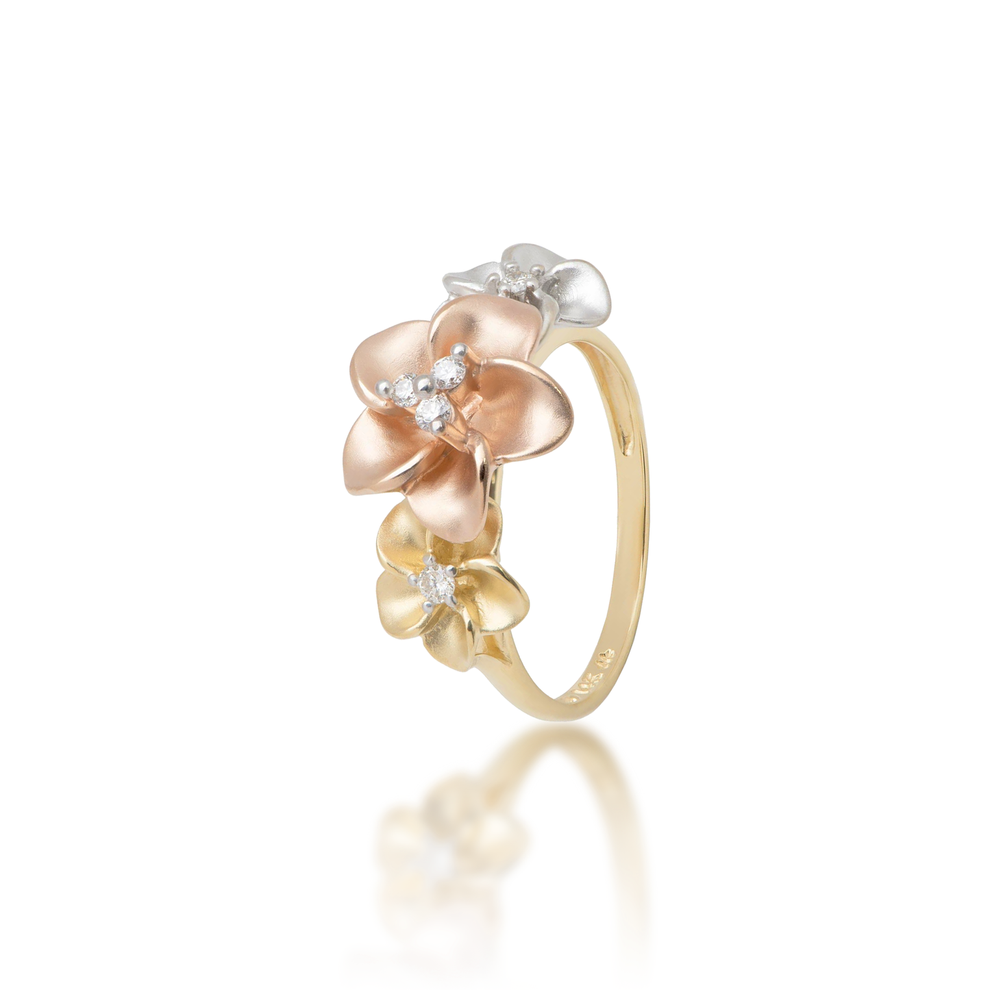 Plumeria Ring in Tri Color Gold with Diamonds - 12mm